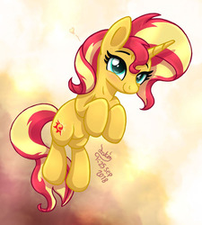 Size: 898x1000 | Tagged: safe, artist:joakaha, sunset shimmer, pony, unicorn, g4, cute, cutie mark, female, gradient background, heart, mare, shimmerbetes, signature, smiling, solo, sunset shimmer day