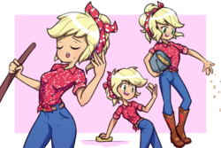 Size: 3000x2000 | Tagged: safe, artist:rockset, applejack, equestria girls, five to nine, g4, my little pony equestria girls: better together, bandana, boots, clothes, cowboy boots, cute, female, high res, jackabetes, jeans, open mouth, pants, simple background, smiling, solo, sweat