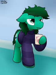 Size: 997x1340 | Tagged: safe, artist:the-furry-railfan, oc, oc only, oc:sporadic escapade, bed mane, clothes, lazy, morning, mug, pants, sweater, tired