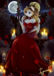 Size: 1125x1575 | Tagged: safe, alternate version, artist:igazella, oc, oc only, oc:storm shield, pegasus, anthro, anthro oc, breasts, candle, cleavage, clothes, dress, female, moon, night, outdoors, signature, ych result