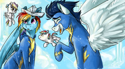 Size: 1440x803 | Tagged: safe, artist:vago-xd, rainbow dash, soarin', oc, pegasus, pony, g4, clothes, cute, female, flying, hat, laughing, male, offspring, paper hat, parent:rainbow dash, parent:soarin', parents:soarindash, ship:soarindash, shipping, spread wings, straight, uniform, wings, wonderbolts uniform