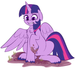 Size: 761x697 | Tagged: safe, artist:lulubell, twilight sparkle, alicorn, pony, g4, chest fluff, disgusted, female, mare, mud, muddy, raised hoof, simple background, sitting, solo, transparent background, twilight sparkle (alicorn)
