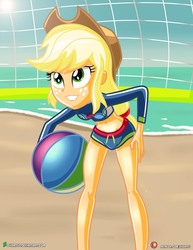 Size: 1500x1942 | Tagged: safe, artist:dieart77, applejack, equestria girls, equestria girls series, g4, applejack's beach shorts swimsuit, ball, beach, clothes, cowboy hat, female, freckles, hat, ocean, sand, solo, stetson, swimsuit, volleyball net