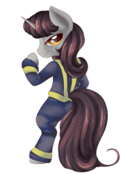 Size: 1193x1717 | Tagged: safe, artist:ponycide, oc, oc only, oc:silver bubbles, pony, unicorn, coveralls, fallout, simple background, solo, transparent background