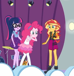 Size: 366x375 | Tagged: safe, screencap, pinkie pie, sci-twi, sunset shimmer, twilight sparkle, equestria girls, equestria girls series, g4, rollercoaster of friendship, boots, clothes, cropped, female, geode of empathy, geode of sugar bombs, geode of telekinesis, glasses, jacket, leather, leather jacket, pantyhose, ponytail, shocked, shoes, skirt