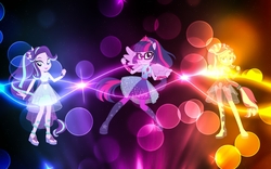 Size: 1920x1200 | Tagged: safe, artist:whalepornoz, editor:axal-5, sci-twi, starlight glimmer, sunset shimmer, twilight sparkle, equestria girls, equestria girls specials, g4, my little pony equestria girls: better together, my little pony equestria girls: forgotten friendship, boots, clothes, colorful, dress, feet, female, gloves, magical trio, ponied up, sailor mercury pose, sandals, sci-twilicorn, shoes, trio, trio female, vector, wallpaper, wings