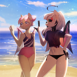 Size: 4000x4000 | Tagged: safe, artist:igrinagelcio, artist:rigellapererali, artist:suhoy_dub, oc, oc only, oc:fever dream, oc:sunset sorbet, bat pony, anthro, anthro oc, bat pony oc, beach, bikini, bikini bottom, black sclera, clothes, collaboration, duo, female, mare, swimsuit, waving, ych result