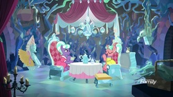 Size: 1920x1080 | Tagged: safe, screencap, stepford ponies, pony, g4, what lies beneath, clothes, discovery family, discovery family logo, dress, logo, tea party