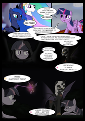 Size: 4961x7016 | Tagged: safe, artist:theravencriss, princess celestia, princess luna, twilight sparkle, oc, oc:fallenlight, alicorn, pony, comic:curse and madness, g4, absurd resolution, amulet, angry, armor, blast, cloak, clothes, comic, crown, defeated, fangs, flashback, gauntlet, grimace, gritted teeth, helmet, hiding in plain sight, hooded cape, magic, magic beam, magic blast, mlpcam, peytral, regalia, shoes, smiling, smirk, text, text bubbles, twilight sparkle (alicorn)