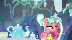 Size: 1920x1080 | Tagged: safe, screencap, stepford ponies, pony, unicorn, g4, what lies beneath, clothes, discovery family, discovery family logo, female, logo, mare, ponytail, solo, tea time (character), teapot