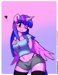 Size: 774x1000 | Tagged: safe, artist:iloota, twilight sparkle, alicorn, anthro, g4, adorasexy, belly button, black underwear, blushing, booty shorts, bra strap, breasts, busty twilight sparkle, clothes, cute, cutie mark on clothes, denim, denim shorts, female, floating heart, gradient background, hand behind back, hand on chest, heart, horn, hot pants, looking at you, mare, midriff, multiple variants, off shoulder, one eye closed, panties, pose, seductive, seductive pose, sexy, shorts, smiling, socks, solo, standing, sultry pose, thigh highs, thighs, thunder thighs, twiabetes, twilight sparkle (alicorn), underwear, wide hips, wings, wink