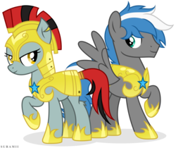 Size: 7128x6001 | Tagged: safe, artist:suramii, oc, oc only, oc:cloud zapper, oc:darkpen, earth pony, pegasus, pony, absurd resolution, armor, commission, duo, female, male, mare, raised hoof, royal guard, simple background, stallion, transparent background, yellow eyes