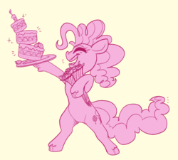 Size: 1280x1152 | Tagged: safe, artist:ponycide, pinkie pie, earth pony, pony, g4, bouquet, cake, candle, eyes closed, female, food, hoof hold, limited palette, simple background, solo, unshorn fetlocks, yellow background