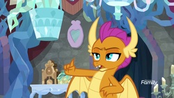 Size: 1920x1080 | Tagged: safe, screencap, smolder, dragon, g4, what lies beneath, discovery family, discovery family logo, dragoness, female, fgsfds, logo, nightmare cave, raised finger, solo