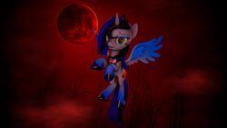 Size: 3840x2160 | Tagged: safe, artist:nightblood, oc, oc only, oc:nightblood eclipse, alicorn, pony, 3d, alicorn oc, blood moon, flying, forest, high res, moon, not luna