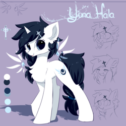 Size: 1600x1600 | Tagged: safe, artist:heddopen, oc, oc only, oc:yuna hala, pony, unicorn, blushing, chest fluff, cross, ear fluff, female, hairpin, mare, reference sheet, tongue out