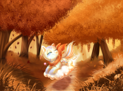 Size: 900x665 | Tagged: safe, artist:cabbage-arts, oc, oc only, pony, autumn, clothes, cloud, commission, commissioner:pektorel, running of the leaves, scarf, solo, tree