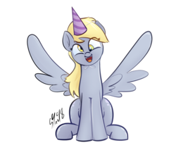 Size: 1296x1104 | Tagged: safe, artist:christheblue, derpy hooves, pegasus, pony, g4, female, hat, head tilt, mare, party hat, simple background, sitting, smiling, solo, spread wings, transparent background, wings