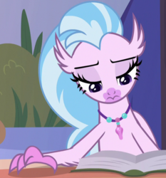 Size: 589x631 | Tagged: safe, screencap, silverstream, hippogriff, g4, what lies beneath, book, cropped, female, jewelry, lidded eyes, necklace, solo