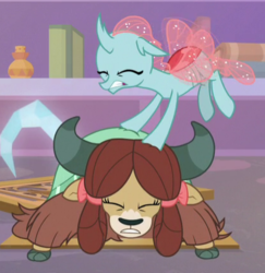 Size: 416x428 | Tagged: safe, screencap, ocellus, yona, changedling, changeling, yak, g4, what lies beneath, bow, cloven hooves, cropped, eyes closed, female, flying, grate, hair bow, monkey swings, pushing, stuck