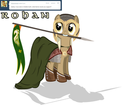 Size: 1280x1098 | Tagged: safe, artist:sintakhra, mjölna, earth pony, pony, ask sandy pony, g4, armor, cloak, clothes, flag, helmet, lord of the rings, mouth hold, rohan, solo