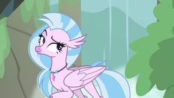 Size: 1280x720 | Tagged: safe, screencap, silverstream, hippogriff, g4, what lies beneath, female, jewelry, necklace, raised eyebrow, solo, spread wings, waterfall, wings