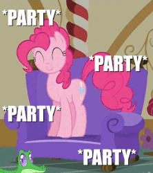 Size: 395x445 | Tagged: safe, edit, edited screencap, screencap, gummy, pinkie pie, alligator, earth pony, pony, g4, just for sidekicks, adorable face, animated, best pony, couch, cropped, cute, diapinkes, excited, female, gif, happy, hopping, image macro, jumping, loop, mare, meme, party, pinkie being pinkie, pinkie pie is amused, ponk, smiling, sugarcube corner, that pony sure does love parties
