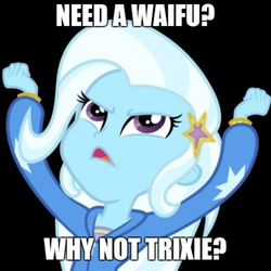 Size: 1024x1024 | Tagged: safe, edit, trixie, human, equestria girls, g4, black background, dialogue, female, futurama, great and powerful, image macro, male, meme, simple background, solo, teenager, text, waifu, why not, why not zoidberg