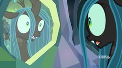 Size: 1920x1080 | Tagged: safe, screencap, ocellus, queen chrysalis, changeling, changeling queen, g4, what lies beneath, discovery family, discovery family logo, disguise, disguised changeling, female, logo, nightmare cave, queen chrysellus, reflection, solo