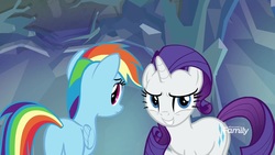 Size: 1920x1080 | Tagged: safe, screencap, rainbow dash, rarity, pegasus, pony, unicorn, g4, what lies beneath, butt, discovery family, discovery family logo, duo, female, logo, mare, nightmare cave, plot