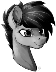 Size: 2264x2922 | Tagged: safe, artist:thatonegib, oc, oc only, oc:doodly mcsketchy, pony, black hair, bust, eyelashes, female, grayscale, high res, mare, monochrome, portrait, short hair, simple background, sketch, smiling, solo, transparent background