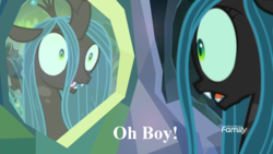 Size: 1920x1080 | Tagged: safe, edit, edited screencap, screencap, ocellus, queen chrysalis, changeling, changeling queen, what lies beneath, disguise, disguised changeling, female, nightmare cave, quantum leap, reflection, sam beckett, solo