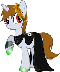 Size: 1080x1287 | Tagged: safe, artist:uncreative_guy, edit, oc, oc only, oc:littlepip, pony, unicorn, vampire, fallout equestria, 1000 hours in ms paint, blushing, clothes, dress, fanfic, fanfic art, female, gala dress, hooves, horn, looking back, mare, pipbuck, red eyes, simple background, solo, unicorn oc, white background