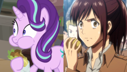 Size: 1200x675 | Tagged: safe, artist:dwk, screencap, starlight glimmer, pony, unicorn, g4, road to friendship, attack on titan, aweeg*, eating, falafel, female, food, frown, hoof hold, looking at you, mare, potato, puffy cheeks, sasha braus, sweat, sweatdrop, wide eyes