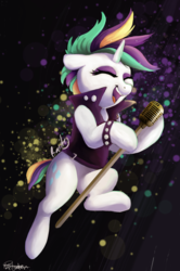 Size: 2670x4014 | Tagged: safe, artist:pucksterv, rarity, pony, unicorn, g4, it isn't the mane thing about you, alternate hairstyle, clothes, contest entry, eyes closed, female, jacket, leather jacket, mare, microphone, open mouth, punk, raripunk, singing, solo