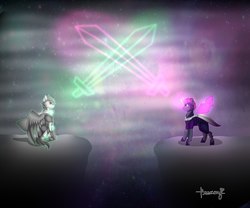 Size: 2560x2133 | Tagged: artist needed, source needed, safe, oc, oc:king dorigan, oc:light knight, pegasus, pony, duo, high res, purple changeling, vs
