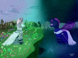 Size: 1600x1200 | Tagged: artist needed, source needed, safe, oc, oc:king dorigan, oc:light knight, changeling, pegasus, pony, armor, changeling oc, day, duo, looking at each other, looking at someone, male, night, pegasus oc, purple changeling, sitting