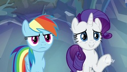 Size: 1920x1080 | Tagged: safe, screencap, rainbow dash, rarity, pegasus, pony, unicorn, g4, what lies beneath, discovery family, discovery family logo, duo, female, logo, mare, nightmare cave, raised hoof