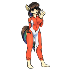 Size: 4000x4000 | Tagged: safe, artist:spoopygander, oc, oc only, oc:polie lightmixer, anthro, plantigrade anthro, cute, ear fluff, female, freckles, fringe, multicolored hair, outline, simple background, solo, spacesuit, tongue out, transparent background, waving