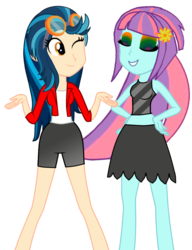 Size: 685x890 | Tagged: safe, artist:trixiesparkle63, indigo zap, sunny flare, equestria girls, g4, one eye closed, simple background, transparent background, wink