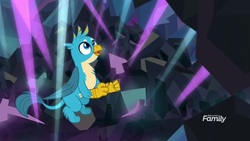 Size: 1920x1080 | Tagged: safe, screencap, gallus, griffon, g4, what lies beneath, cave, cute, discovery family, discovery family logo, gallabetes, light, logo, looking up, male, nightmare cave, paws, smiling, solo, tail, wings