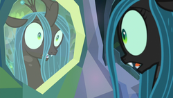Size: 1280x720 | Tagged: safe, screencap, ocellus, queen chrysalis, changeling, changeling queen, g4, what lies beneath, female, queen chrysellus, reflection, solo
