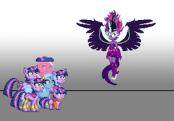 Size: 640x446 | Tagged: safe, artist:akumath, artist:botchan-mlp, edit, sci-twi, trixie, twilight sparkle, alicorn, genie, human, pony, unicorn, equestria girls, g4, brain, brain in a jar, brainy twilight, cute, female, filly, human ponidox, lesbian, midnight sparkle, midnightabetes, multeity, pixel art, self ponidox, ship:twixie, shipping, sparkle sparkle sparkle, twiabetes, twilight sparkle (alicorn), unicorn twilight