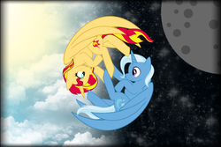 Size: 1024x683 | Tagged: safe, artist:chibinekogirl102, sunset shimmer, trixie, alicorn, pony, g4, alicornified, base used, female, full moon, lesbian, moon, race swap, shimmercorn, ship:suntrix, shipping, split screen, trixiecorn