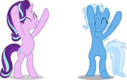 Size: 5000x3169 | Tagged: safe, artist:hendro107, artist:luckreza8, starlight glimmer, trixie, pony, unicorn, g4, road to friendship, ^^, belly button, bipedal, collaboration, duo, eyes closed, female, happy, mare, messy mane, simple background, smiling, transparent background, vector
