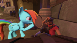 Size: 1024x576 | Tagged: safe, rainbow dash, human, pony, g4, 3d, crossover, gmod, scout (tf2), team fortress 2