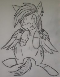 Size: 635x806 | Tagged: artist needed, source needed, safe, oc, oc:keyphrase, cyborg, pegasus, pony, amputee, augmented, both cutie marks, chest fluff, cute, cyberpunk, ear piercing, happy, imminent belly rub, lineart, monochrome, piercing, prosthetic limb, prosthetic wing, prosthetics, surprised