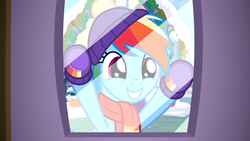 Size: 1920x1080 | Tagged: safe, screencap, rainbow dash, pegasus, pony, g4, my little pony best gift ever, against glass, beanie, boots, clothes, cute, dashabetes, female, glass, gloves, hat, mare, scarf, shoes, smiling, snow, solo, window, winter, winter outfit