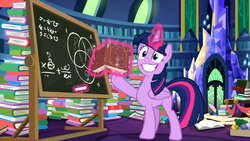 Size: 1920x1080 | Tagged: safe, screencap, twilight sparkle, alicorn, pony, g4, my little pony best gift ever, book, chalkboard, female, glowing horn, horn, magic, magic aura, mare, smiling, solo, telekinesis, twilight sparkle (alicorn), written equestrian