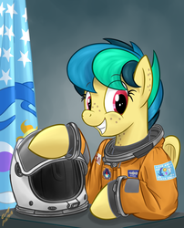 Size: 941x1166 | Tagged: safe, artist:buckweiser, oc, oc only, oc:apogee, pegasus, pony, astronaut, clothes, flag of equestria, flight suit, helmet, older, smiling, solo, spacesuit